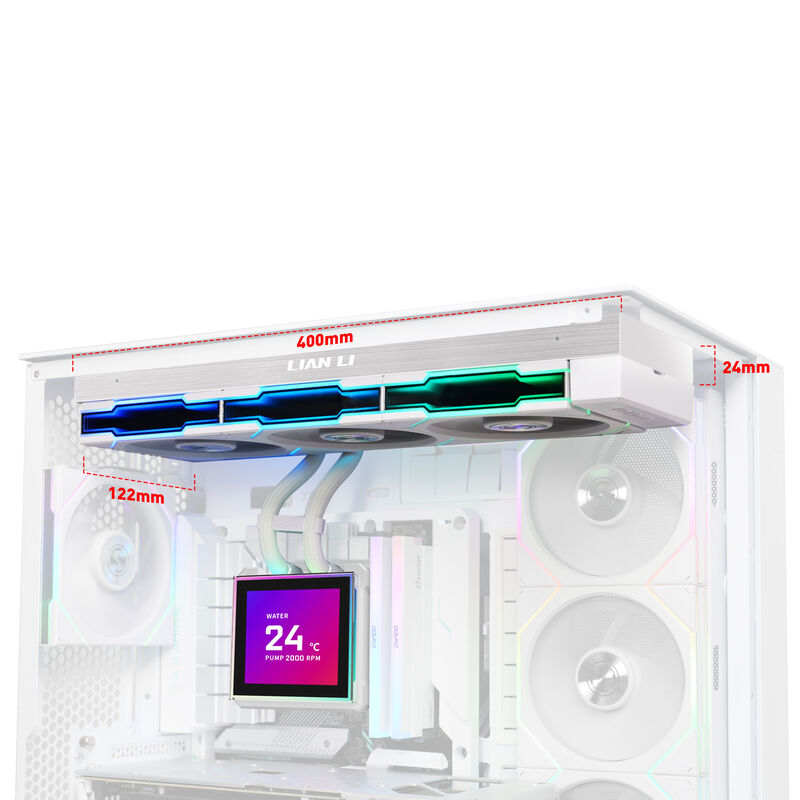 Nærbilde av RGB-belysning på Lian Li HydroShift II LCD-S 360TL AIO vannkjøling