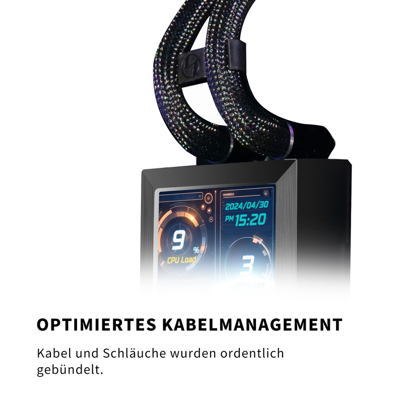 Detalj av Lian Li HydroShift LCD 360 ARGB AIO vannkjøling slanger