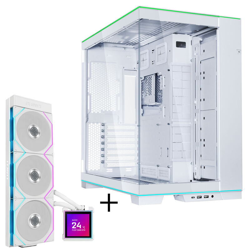 Lian Li O11 Dynamic EVO RGB kabinett med HydroShift II 360TL AIO hvit forside