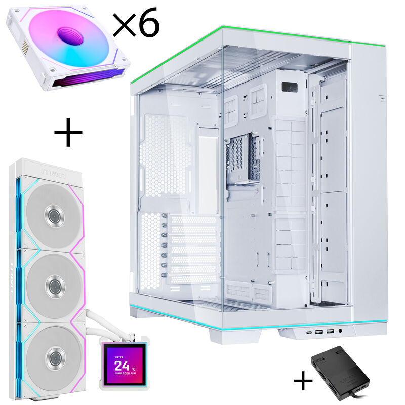 Lian Li O11 Dynamic EVO RGB kabinett + HydroShift II 360TL AiO + 6x vifter hvit forfra