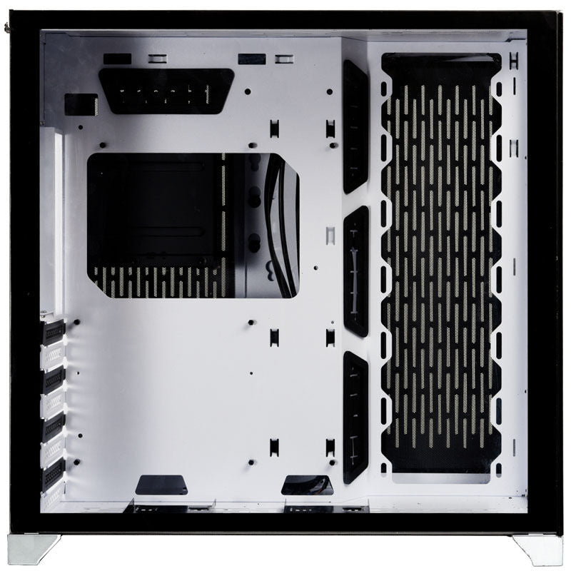 Nærbilde av frontpanel på Lian Li O11 Dynamic kabinett midtårn E-ATX herdet glass hvit