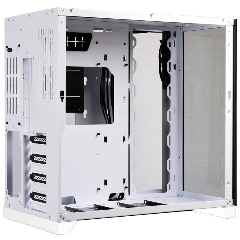 Lian Li O11 Dynamic kabinett midtårn E-ATX herdet glass hvit montert med komponenter