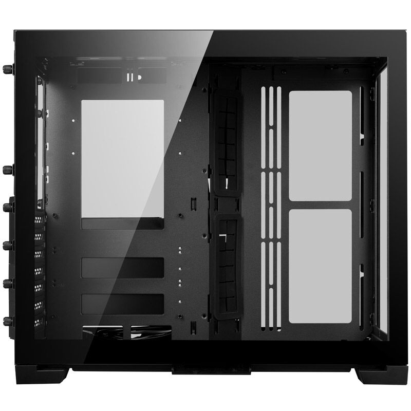 Nærbilde av frontpanel på Lian Li O11 Dynamic Mini kabinett midtårn herdet glass svart