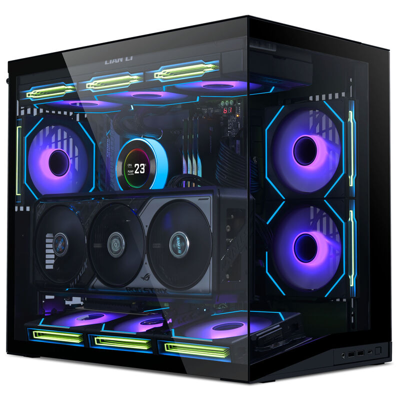 Lian Li O11 Dynamic Mini V2 Total Flow kabinett SL INF Edition svart detalj av glasspanel