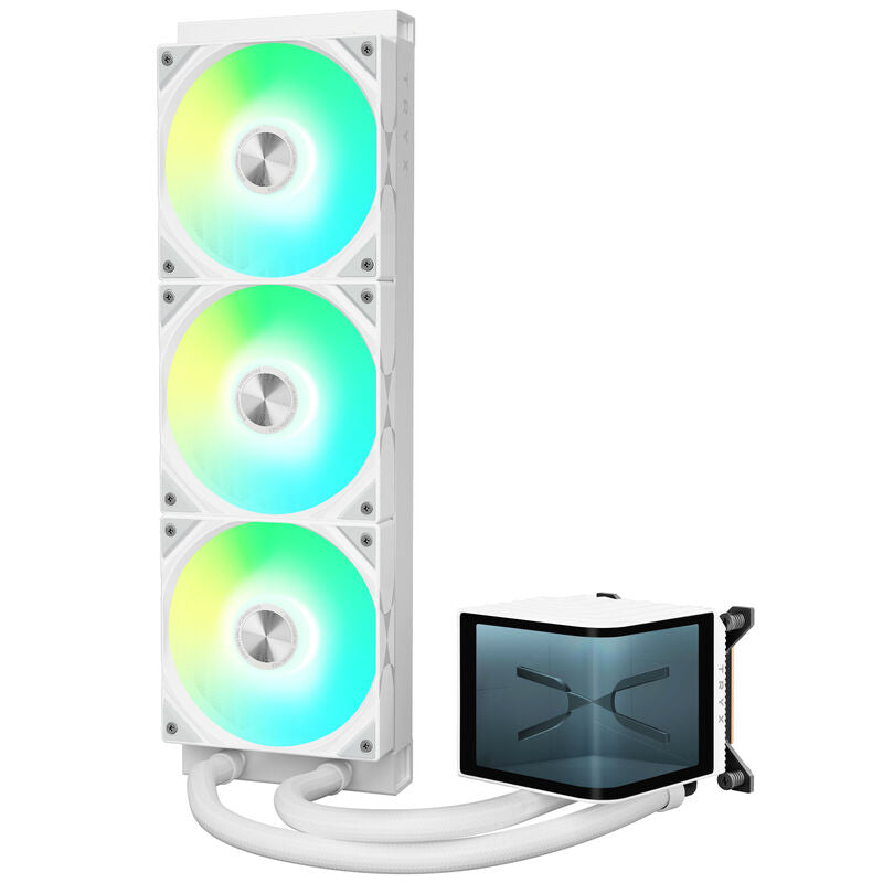 Lian Li O11D EVO RGB + TRYX PANORAMA ARGB AIO vannkjøling 360 mm hvit visning av intern komponentlayout