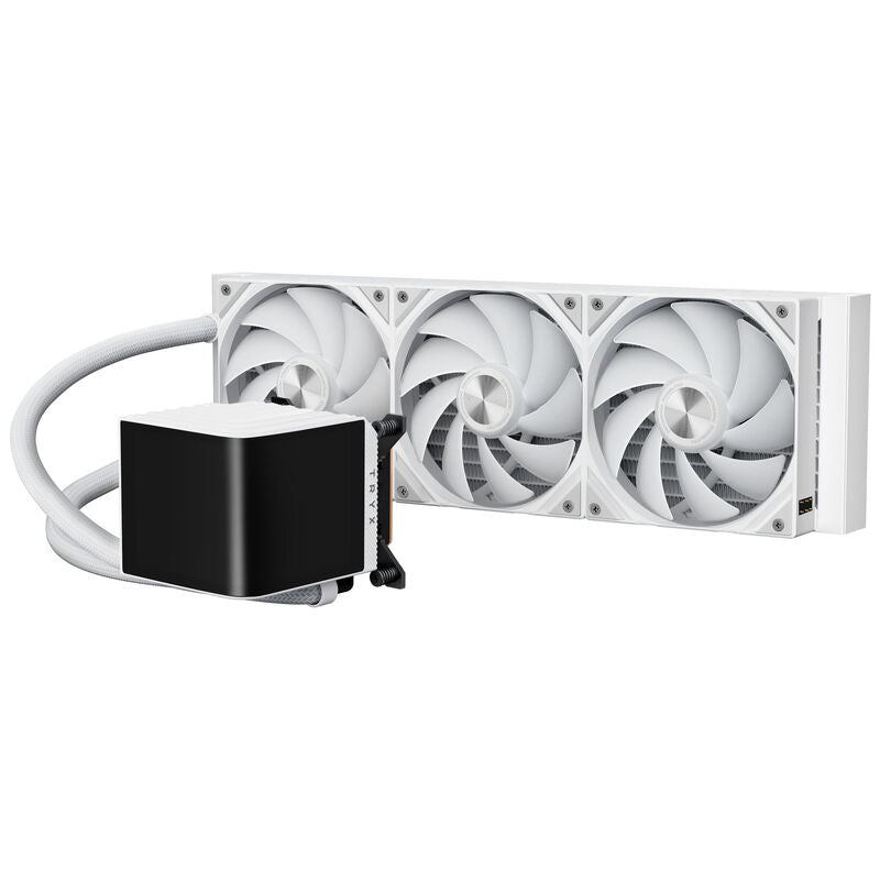 Lian Li O11D EVO RGB + TRYX PANORAMA ARGB AIO vannkjøling 360 mm hvit detalj av pumpeenhet