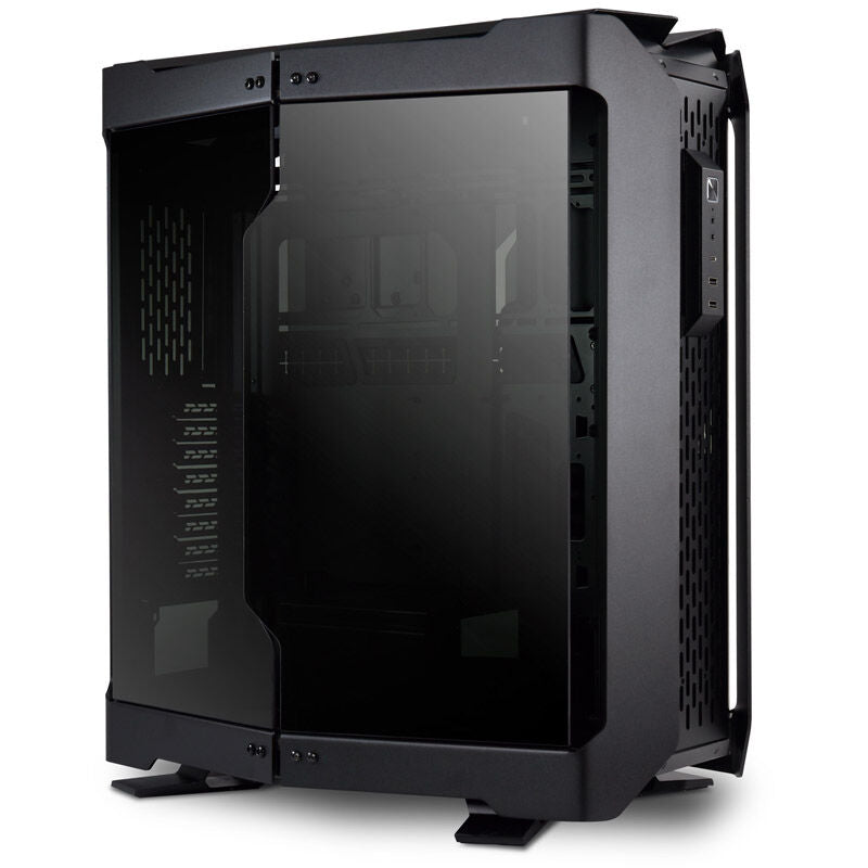 Bakside av Lian Li Odyssey X kabinett fulltårn E-ATX herdet glass sølv