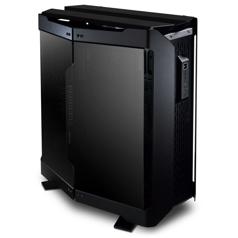 Detalj av Lian Li Odyssey X kabinett fulltårn E-ATX herdet glass sølv aluminiumspanel