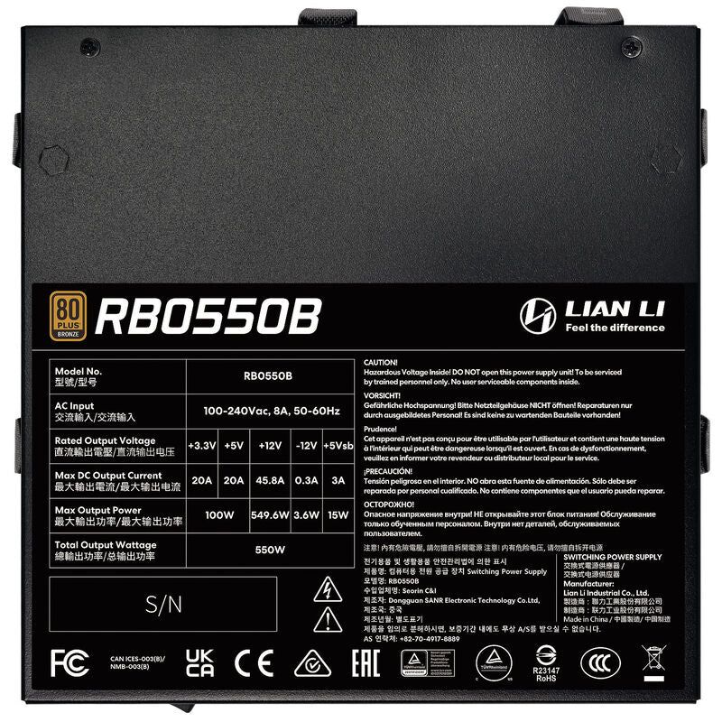 Lian Li RB Series strømforsyning 550 W nærbilde av tilkoblinger