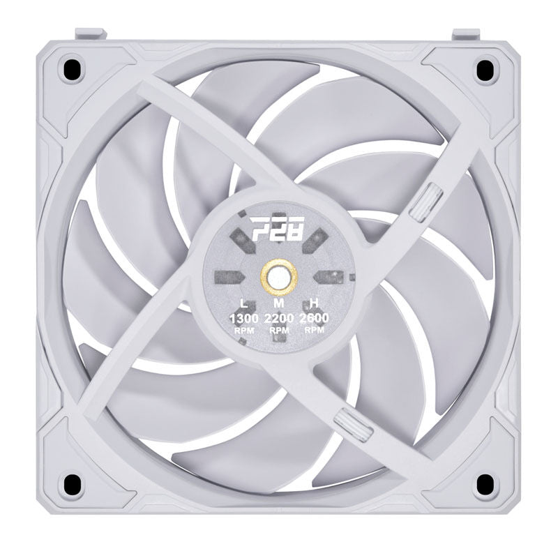 Nærbilde av Lian Li UNI FAN P28 120 mm vifte PWM 2600 RPM hvit blad