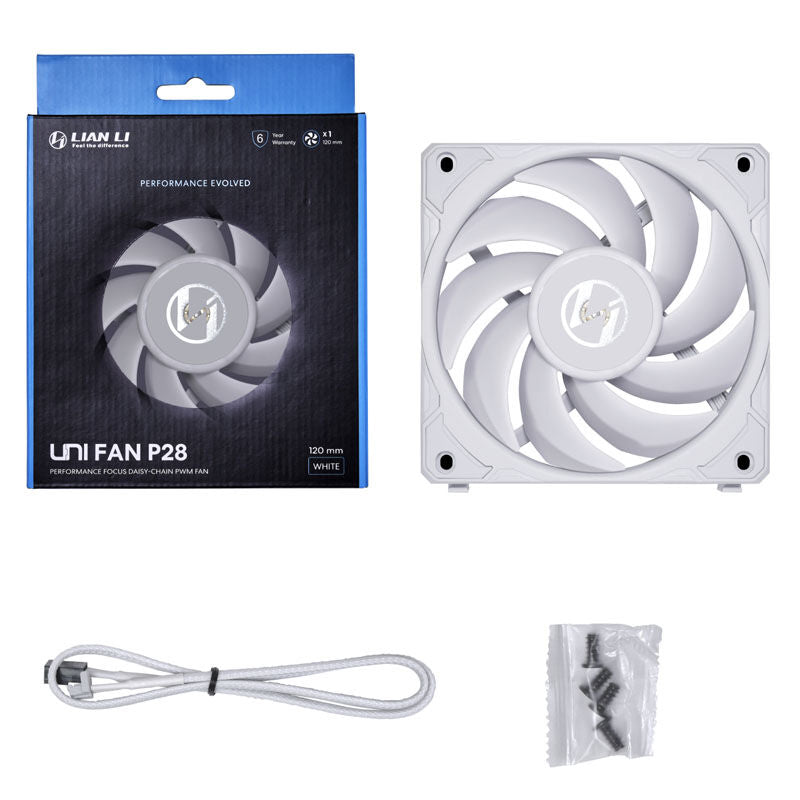 Lian Li UNI FAN P28 120 mm vifte PWM 2600 RPM hvit kabel og tilkobling