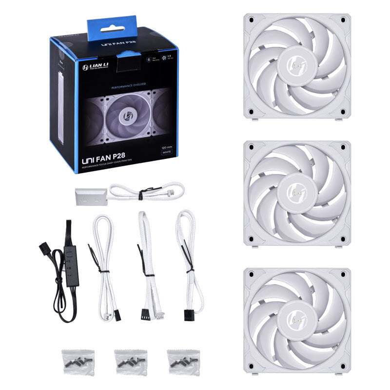 Lian Li UNI FAN P28 vifte 3-pakning 120 mm hvit PWM vifteprofil