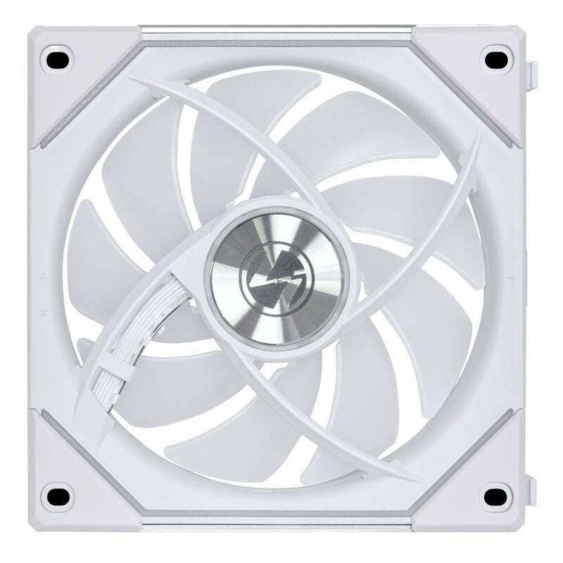 Detalj av Lian Li UNI FAN SL-INF 120 Reverse Blade ARGB PWM vifte 3-pakning hvit bladdesign