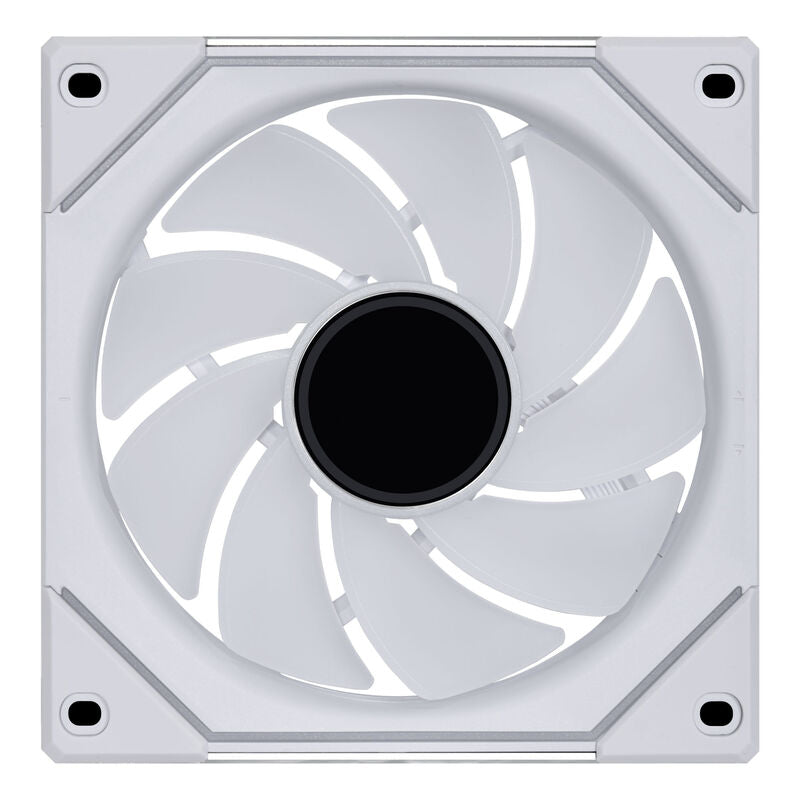 Nærbilde av Lian Li UNI FAN SL-INF 120 Reverse Blade ARGB PWM vifte 3-pakning hvit ARGB-lys