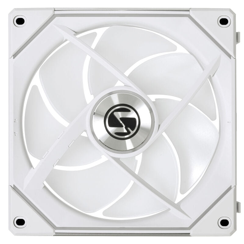 Detalj av Lian Li UNI FAN SL-INF 140 ARGB PWM vifte hvit