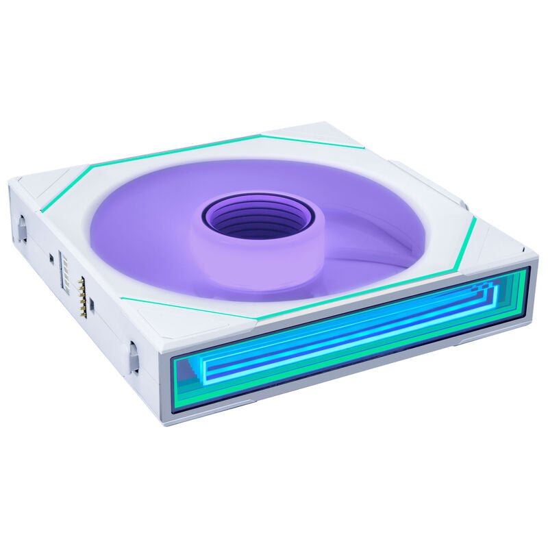 Bakside av Lian Li UNI FAN SL-INF 140 Wireless ARGB Reverse Blade vifte hvit
