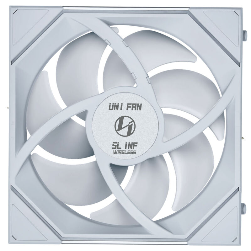 Nærbilde av RGB-belysning på Lian Li UNI FAN SL-INF 140 Wireless ARGB Reverse Blade vifte hvit