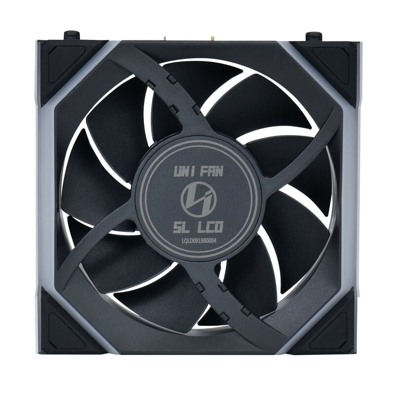 Nærbilde av LCD-display på Lian Li UNI FAN SL Wireless LCD vifte 120 mm ARGB PWM hvit