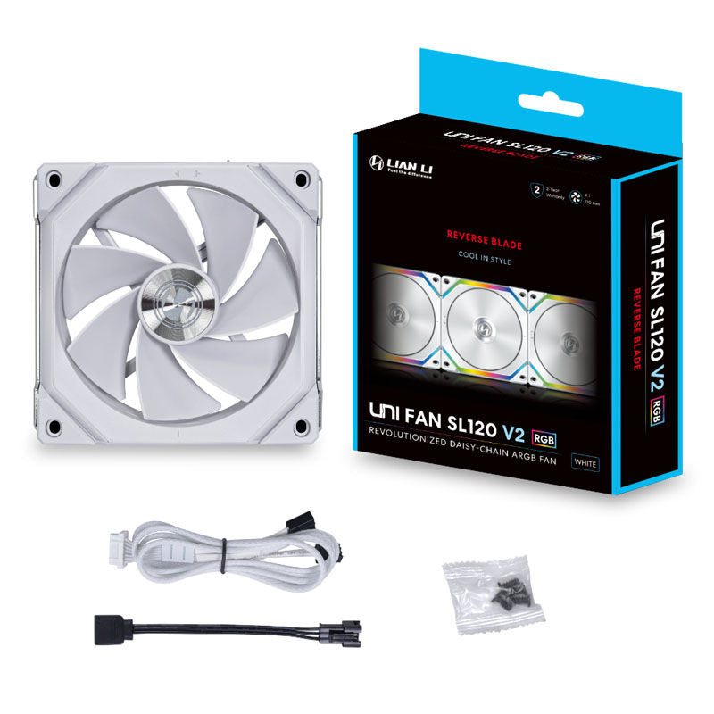 Lian Li UNI FAN SL120 V2 ARGB Reverse Blade PWM vifte 120 mm hvit kabeltilkobling