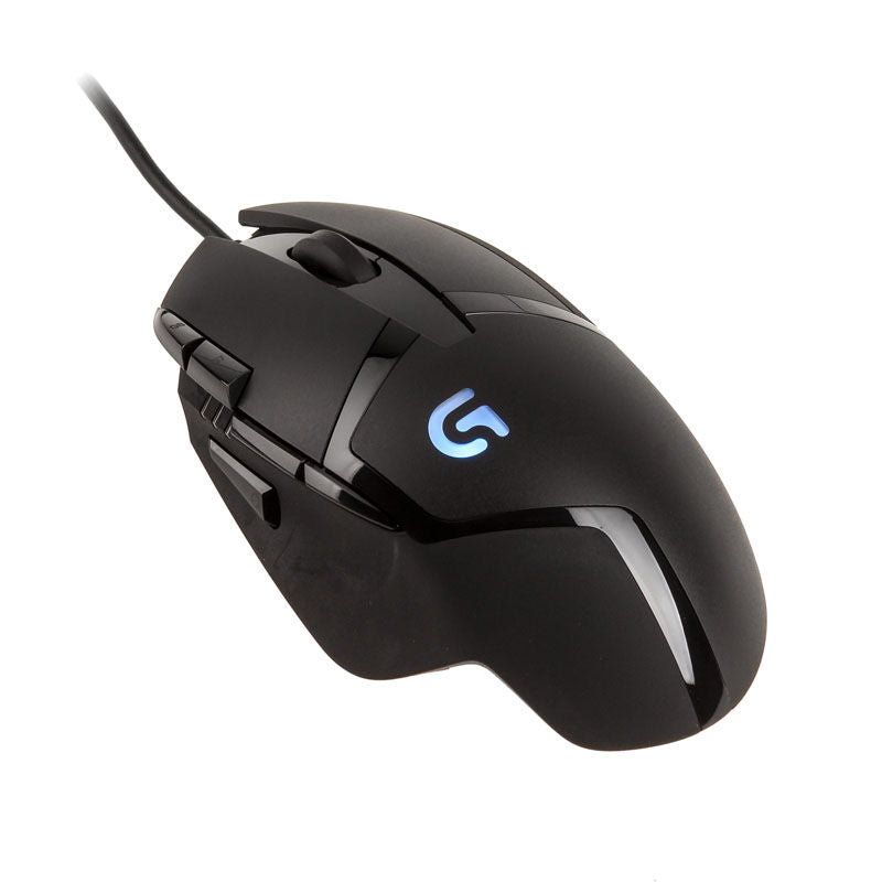 Logitech G402 Hyperion Fury gamingmus forfra svart og blå