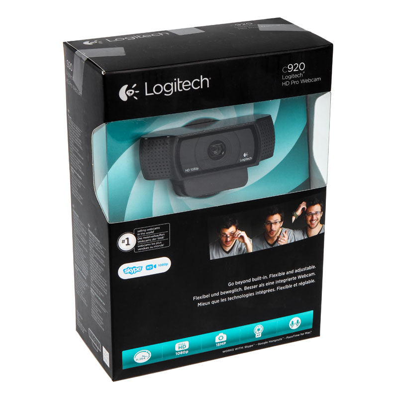 Nærbilde av linse på Logitech HD Pro C920 webkamera Full HD svart