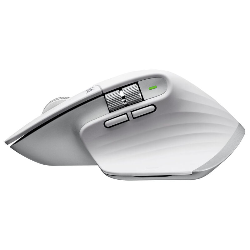 Nærbilde av knapper på Logitech MX Master 3S trådløs mus Logi Bolt Bluetooth lysegrå