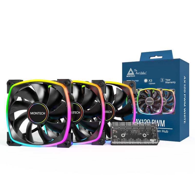Montech AX120 PWM ARGB vifte 120 mm 3-pack svart forfra