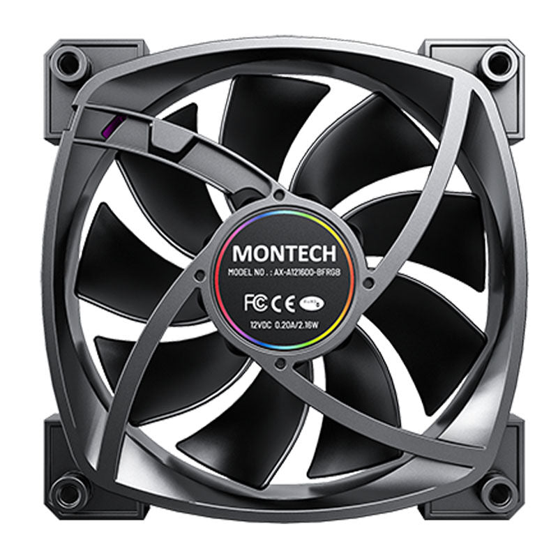 Nærbilde av RGB LED-lys på Montech AX120 PWM ARGB vifte 120 mm svart 1600 RPM