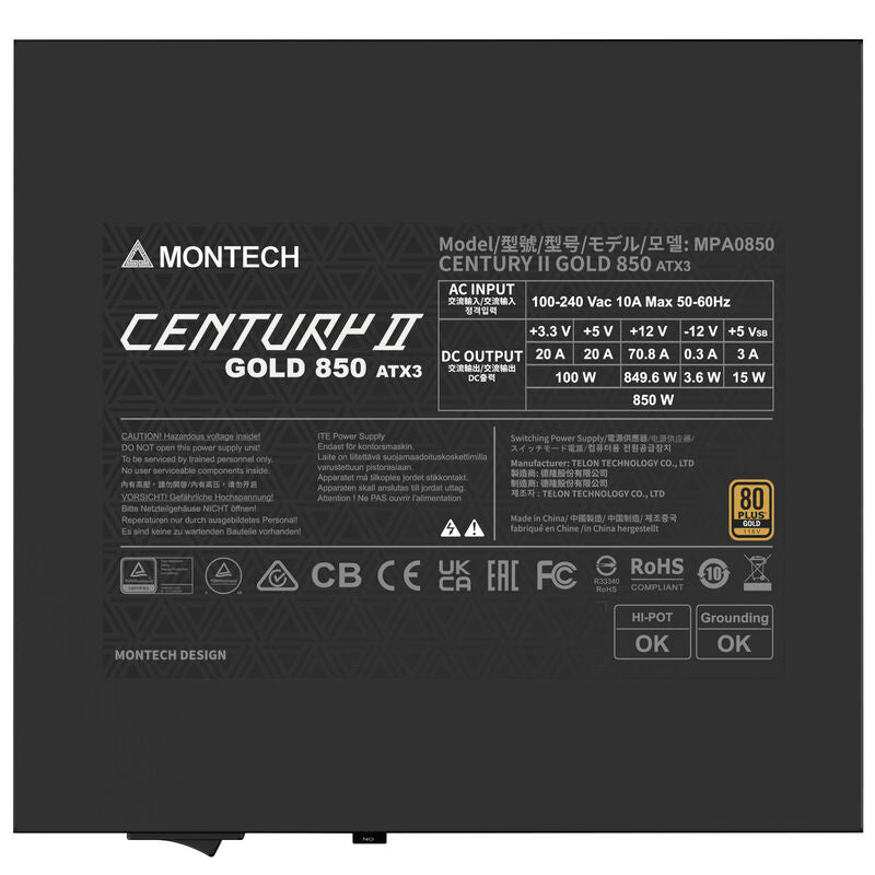 Montech Century II strømforsyning 850 W 80 PLUS Gold detalj av tilkoblinger