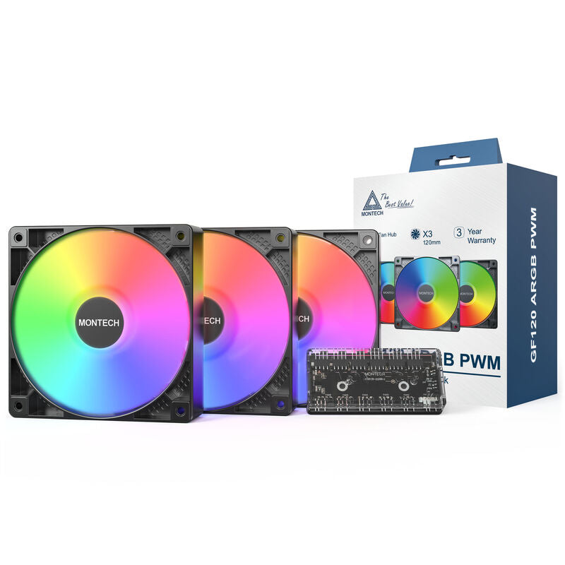 Nærbilde av Montech GF120 PWM ARGB vifte 3-pakk 120 mm svart RGB LED-lys