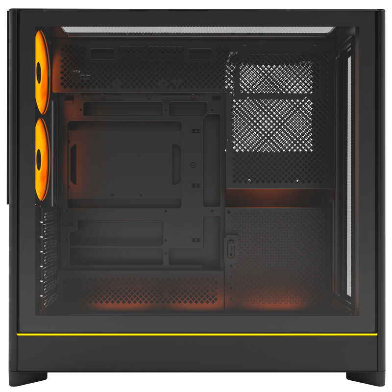 Nærbilde av herdet glass sidepanel på Montech HS01 PRO kabinett