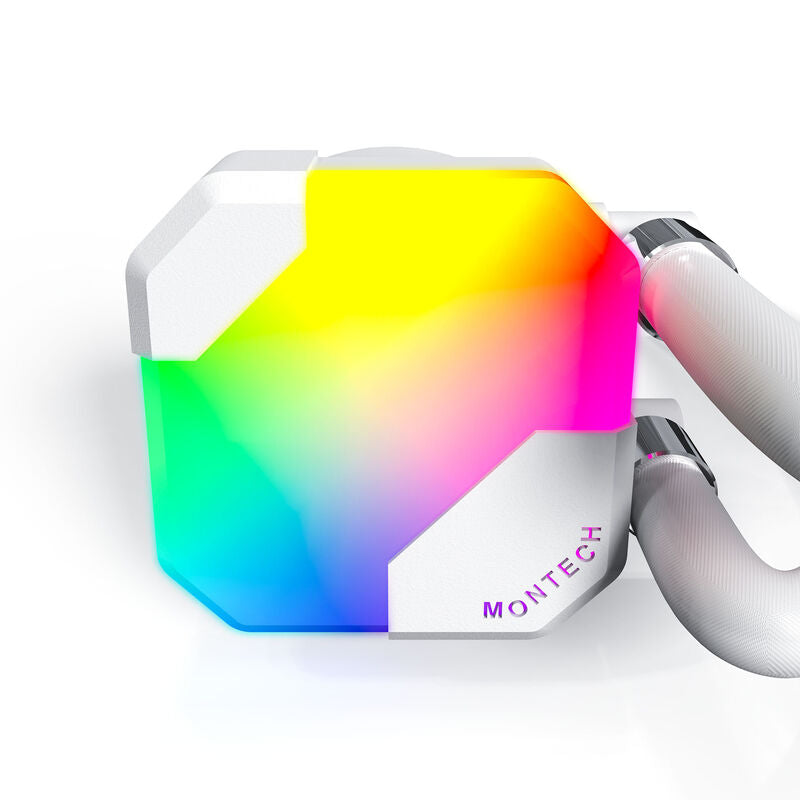 Nærbilde av Montech Hyper Flow ARGB AIO vannkjøling 360 mm hvit pumpe