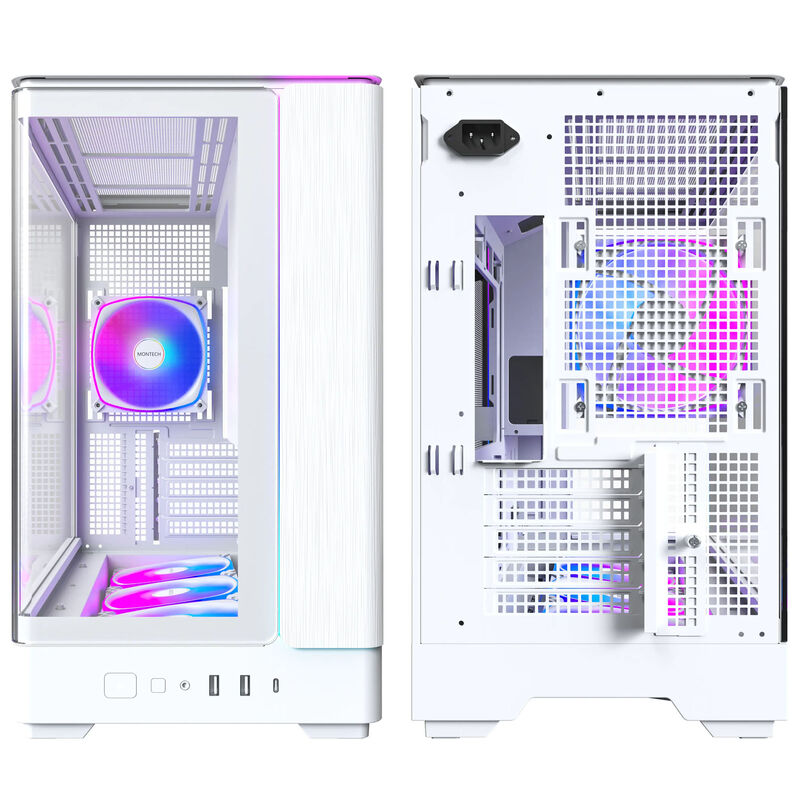 Montech KING 15 PRO kabinett mATX RGB herdet glass hvit montert med komponenter