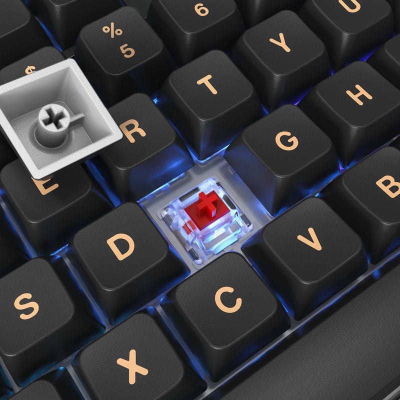 Detalj av Montech MKey TKL Darkness gamingtastatur keycaps