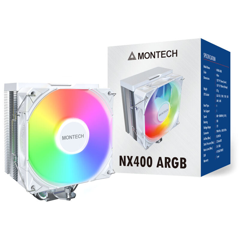 Montech NX400 White CPU-kjøler ARGB 120 mm hvit sideprofil