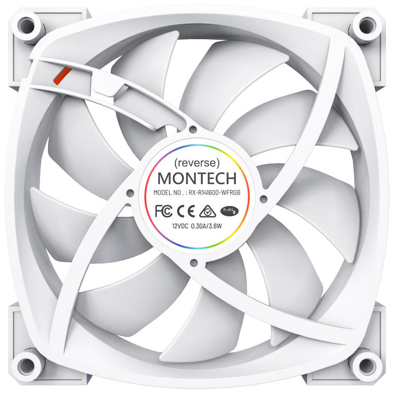 Montech RX140 PWM ARGB Reverse vifte 140 mm hvit montert i PC-kabinett