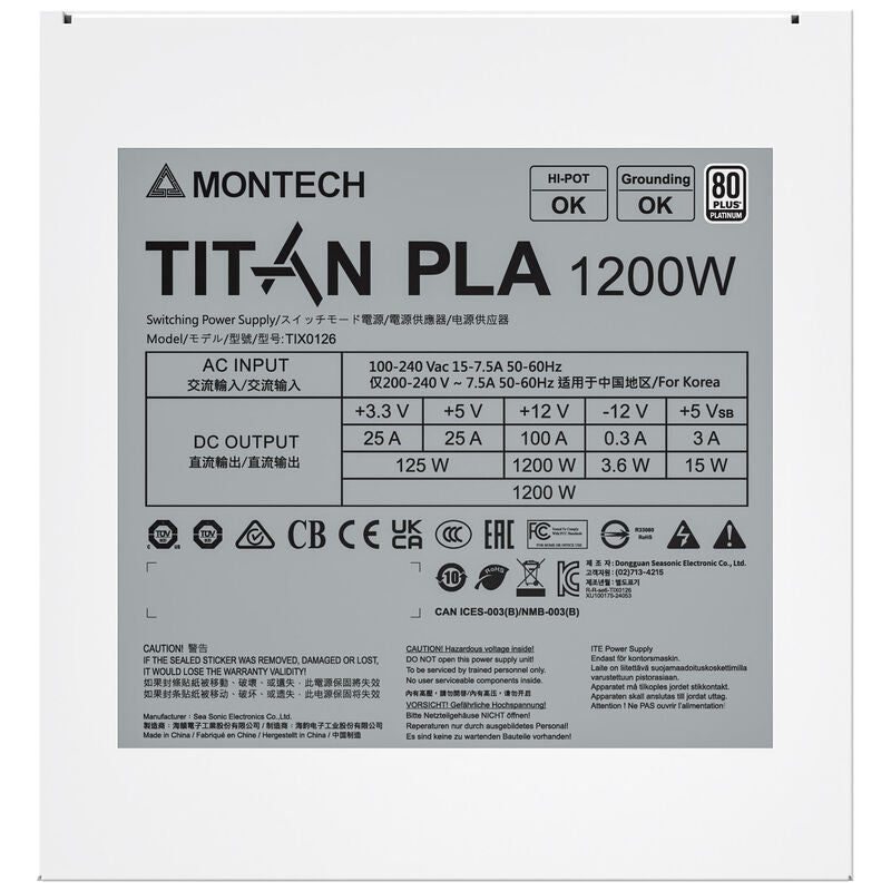 Kabler og kontakter på Montech Titan PLA strømforsyning 1200 W 80 PLUS Platinum hvit