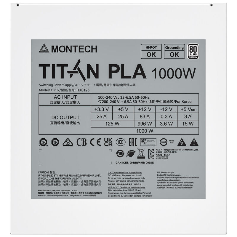 Montech Titan PLA strømforsyning 1000 W kabler