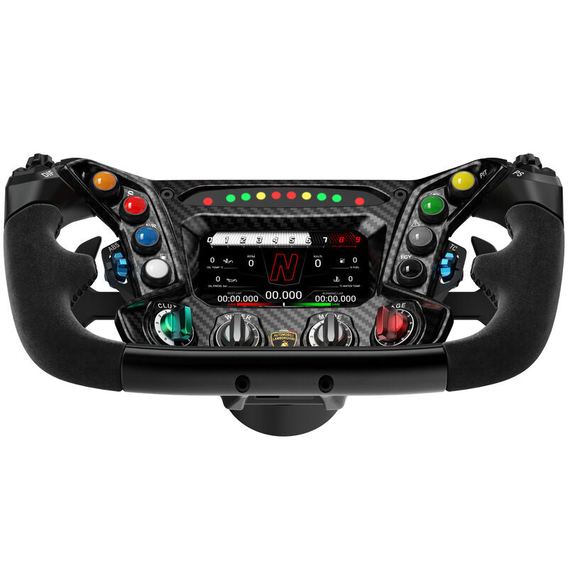 Detalj av MOZA x Lamborghini ESSENZA SCV12 simracing-ratt aluminiumsskiftespaker