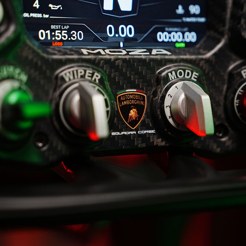 Visning av LCD-berøringsskjerm på MOZA x Lamborghini ESSENZA SCV12 simracing-ratt