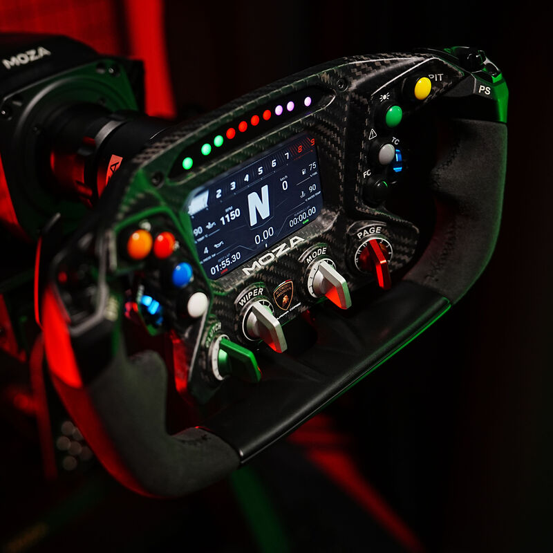 Nærbilde av Alcantara-overflate på MOZA x Lamborghini ESSENZA SCV12 simracing-ratt