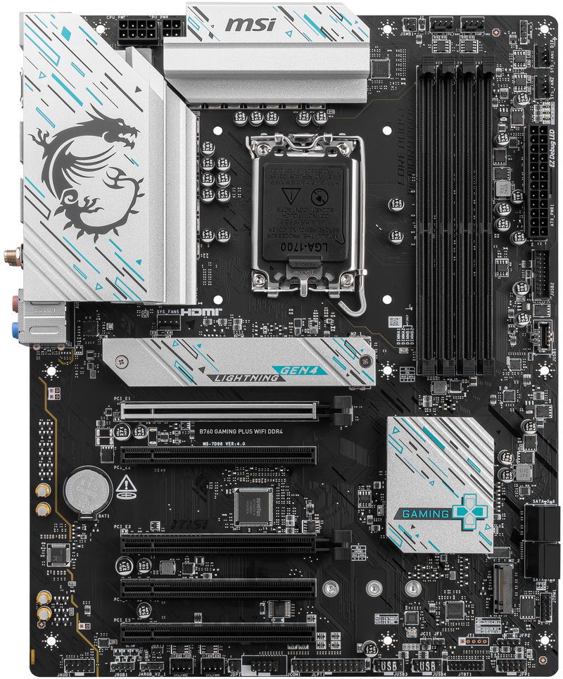 Bakside bilde av MSI B760 Gaming Plus WiFi hovedkort ATX DDR4 LGA 1700