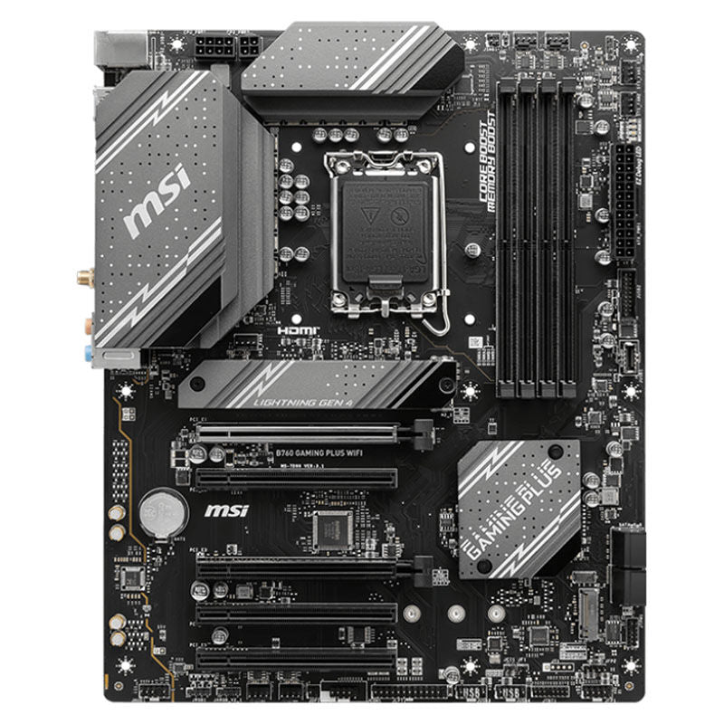 Detalj av MSI B760 Gaming Plus WiFi hovedkort PCIe-porter