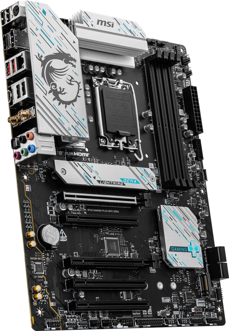 Nærbilde av PCIe-spor på MSI B760 Gaming Plus WiFi hovedkort ATX DDR4 LGA 1700