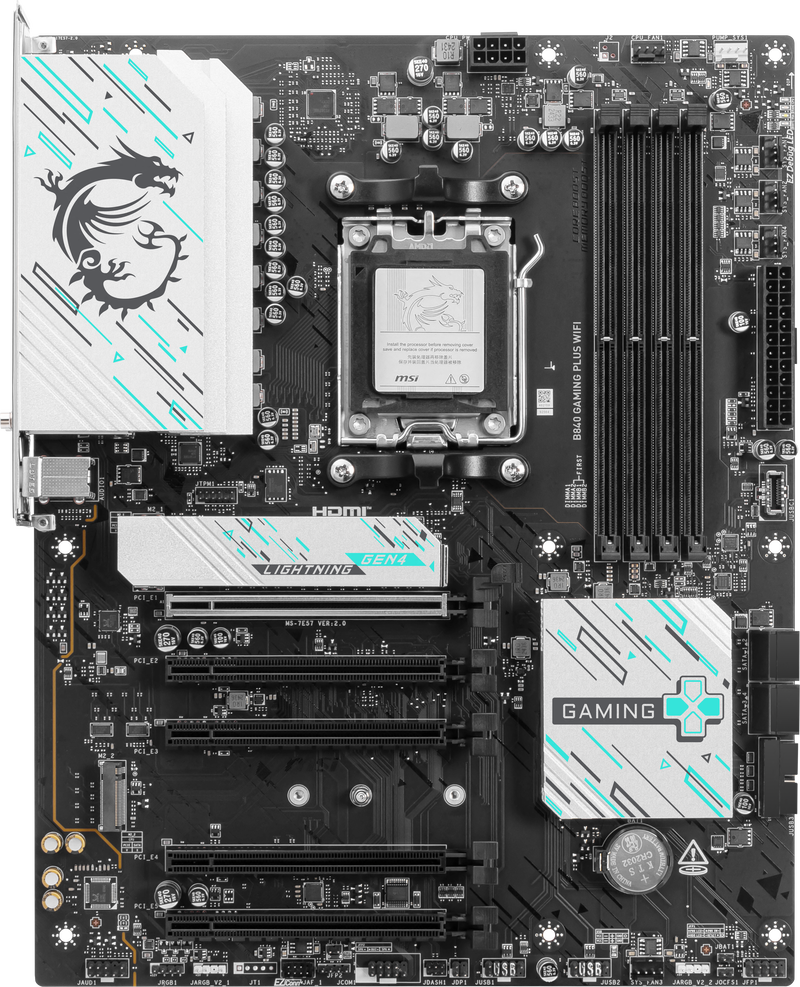 Bakside av MSI B840 Gaming Plus WiFi hovedkort