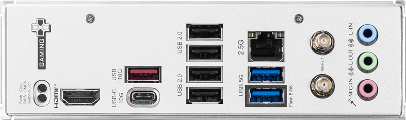 Oversikt over tilkoblingsporter på MSI B840 Gaming Plus WiFi