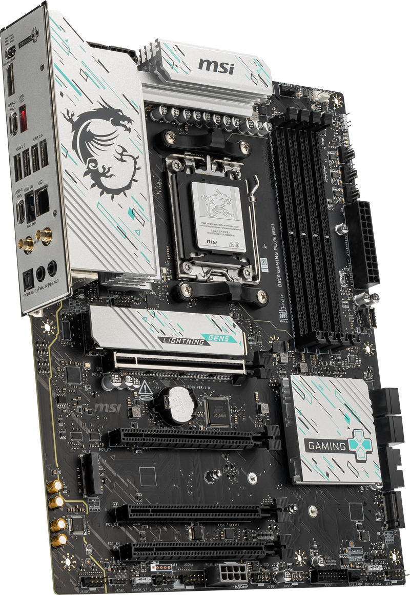 Nærbilde av MSI B850 Gaming Plus WiFi hovedkort tilkoblinger