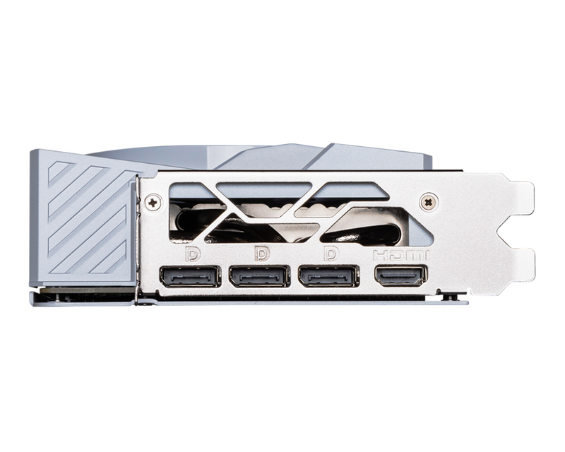 Nærbilde av RGB-belysning på MSI GeForce RTX 5080 Gaming Trio OC grafikkort hvit