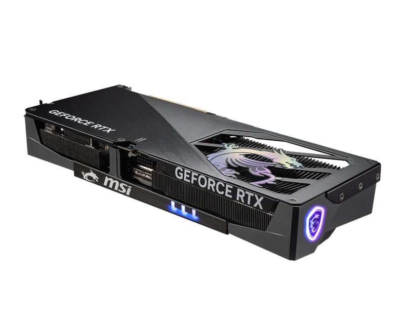 Detalj av MSI GeForce RTX 5080 Gaming Trio OC grafikkort RGB-belysning