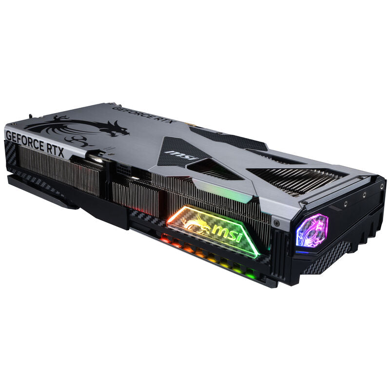 Nærbilde av MSI GeForce RTX 5080 Vanguard SOC grafikkort RGB-belysning